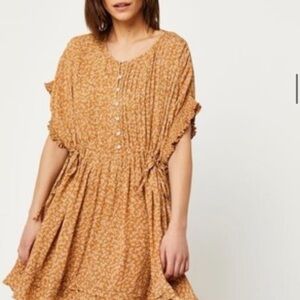 Free People Floral Yellow Brown Mini Dress Tie Detail Cinched Waist Medium